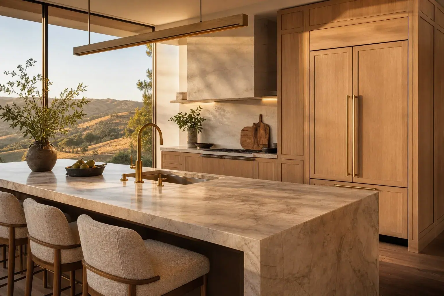 A luxury Bay Area kitchen with an integrated built-in refrigerator