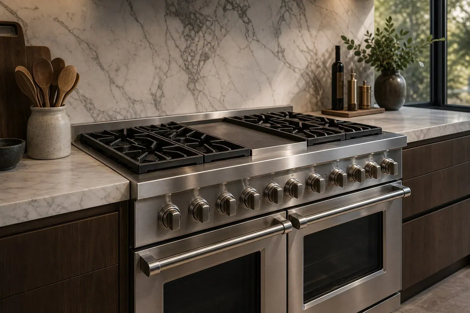 Dual-fuel and gas ranges framed into custom cabinetry